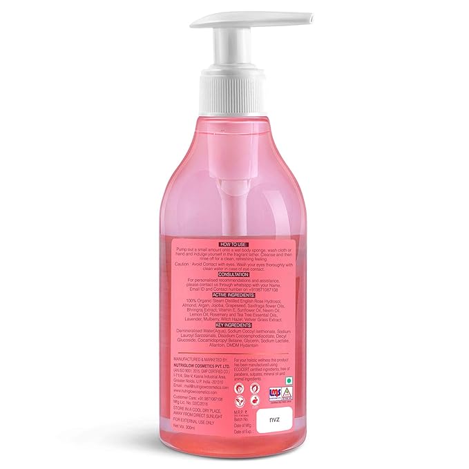NUTRIGLOW NATURAL'S English Rose Shower Gel With Mulberry Extract For Long Lasting Freshness Gentle Cleansing Deep Moisturisation No Sulphates 300 ml