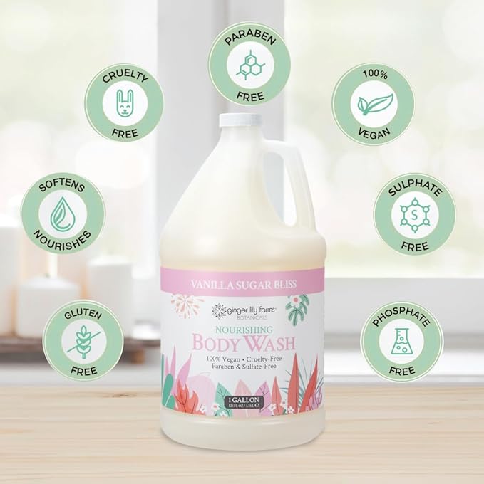 Ginger Lily Farms Botanicals Nourishing Body Wash 100% Vegan &amp Cruelty-Free Vanilla Sugar Bliss Scent 1 Gallon (128 fl oz) Refill
