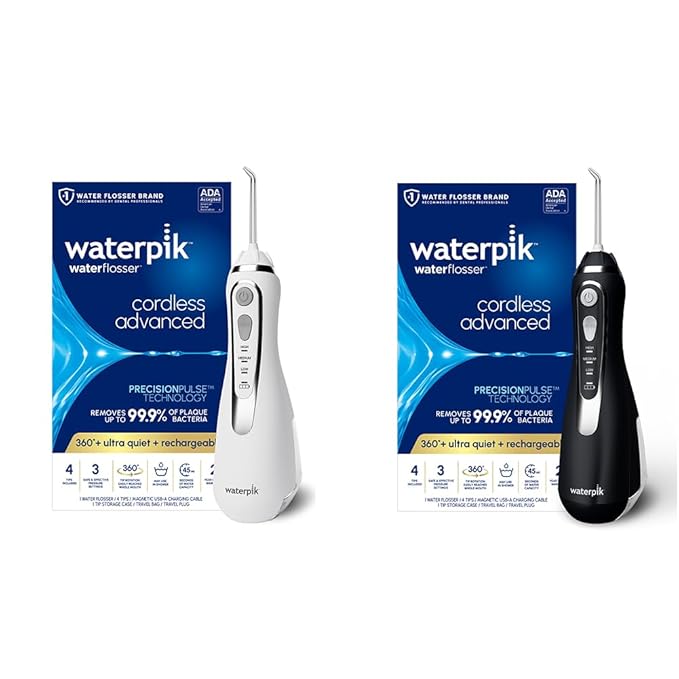 Waterpik Bundle White Cordless Advanced 2.0 Water Flosser WP-580 Black Cordless Advanced 2.0 WP-582 Water Flosser Rechargeable Portable Waterproof Oral Irrigator for Travel &amp Home