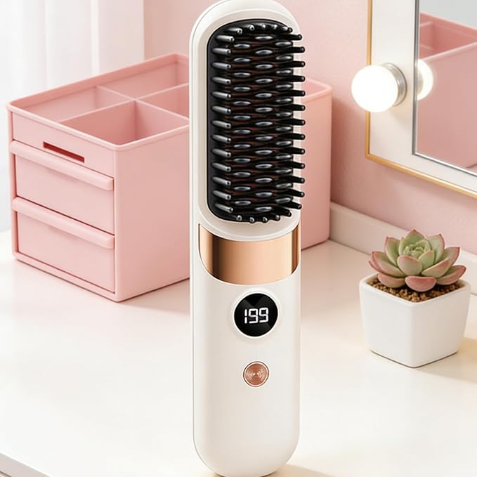 Hair Straightener Brush - Rechargeable with 4 Temperature SettingsHair Straightener Comb Cordless - for Home Travel Apartment College Dorm Vacation Women Wife Family