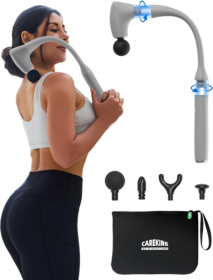 2-in-1 Detachable Percussion Massage Gun with Extension Handle Back Massager for Pain Relief Deep Tissue Muscle Massager for Arm Shoulder Lower Back Thigh Waist Grey