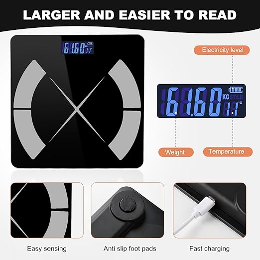 APP Body Fat Scale Intelligent Weight Scale Body Scale Rechargeable Intelligent Weight Scale Digital Bathroom Scale with Smartphone Application Body Composition Monitoring Health Analyzer (Black)