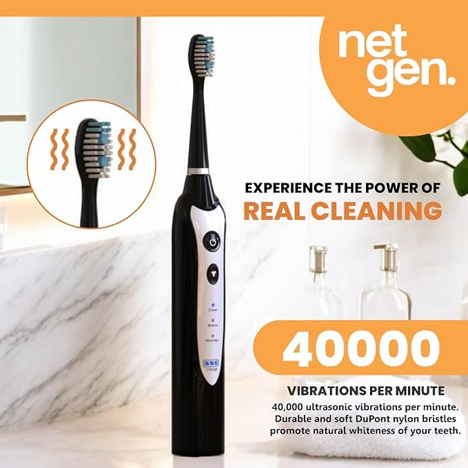 Sonic Electric Toothbrush for Adults with 5 Toothbrush Replacement Heads 3 Brushing Modes &amp 2 Minutes Built-in Timer Travel Toothbrushes with Inductive Charging Rechargeable toothbrush | Black