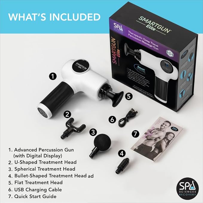 SPA SCIENCES - SmartGun Elite – Therapeutic Deep Tissue Percussion Massager – for Muscle Soreness - with Interchangeable Heads 10 Intensity Levels and Smart Comfort Pulse – USB Rechargeable