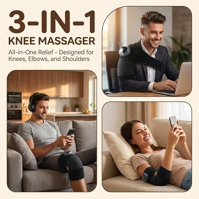 3-in-1 Heated Vibration Massager Cordless Wrap for Knee Shoulder Elbow 5 Heat Levels 3 Modes Adjustable Velcro Brace with Wormwood Pack Rechargeable Ideal Gift for Mom Dad