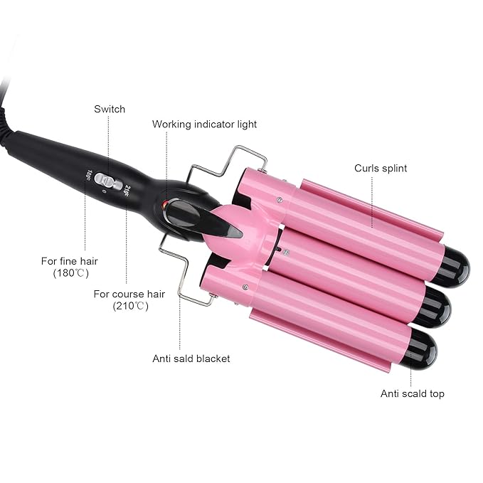 3 Barrel Hair Waver Adjustable Temperature Hair Crimper Heats up Quickly Crimping Iron for Hair Compatiable for All Hairstyles(US-pink28mm)