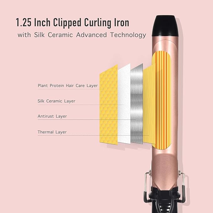 Lanvier 1.25 Inch Clipped Curling Iron with Extra Long Tourmaline Ceramic Barrel Professional Hair Curler up to 450°F Dual Voltage for Traveling Hair Waving Style Tool for Girls &amp Women-Rose Gol
