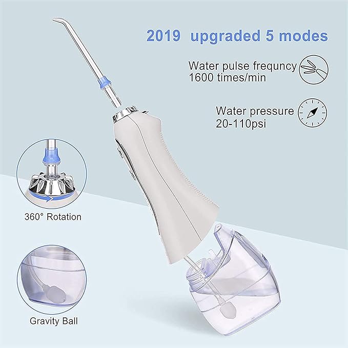 Rechargeable Water Dental Flosser Cordless: Power Teeth Cleaner with USB Cable IPX7 Waterproof Flosser for Oral Bridges Care with 5 Mode 300ML Detachable Water Tank