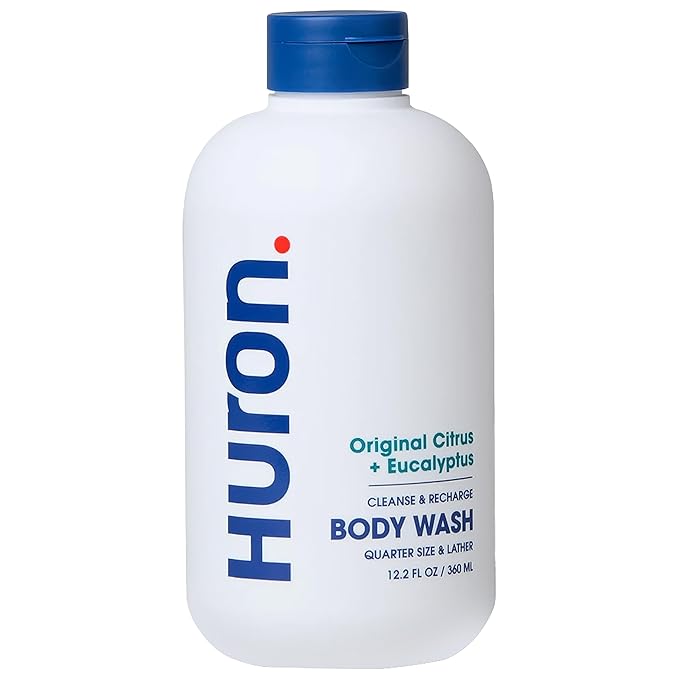 Huron Men’s Moisturizing Body Wash – Crisp &amp Invigorating Scent of Citrus Eucalyptus Mint &amp Aromatic Greens - Made With Coconut Oil Vitamin E &amp Witch Hazel – Vegan Cruelty-Free - 12.2