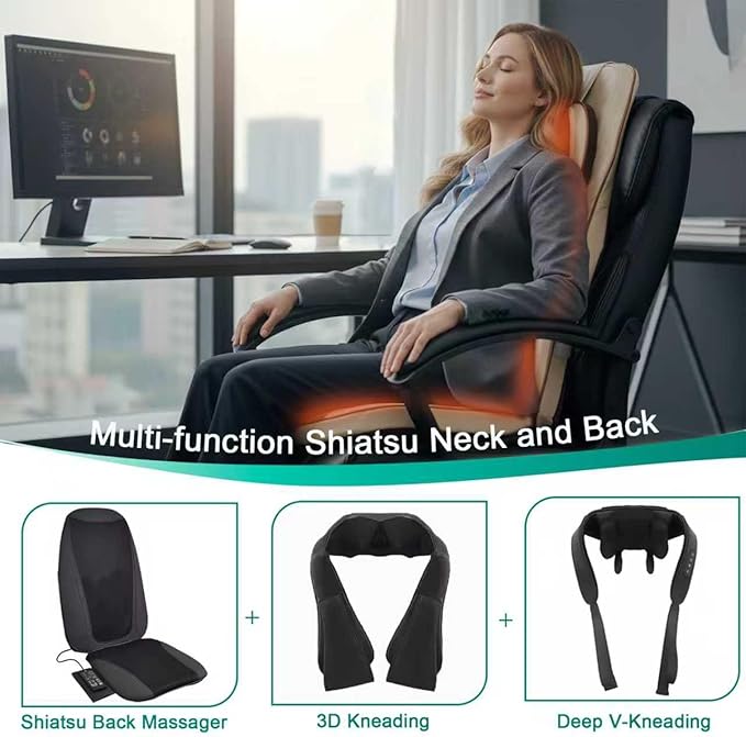 Shiatsu Neck Back Massager Chair Pad w/Heat - Back Massager for Pain Relief Deep Tissue Full-Back Kneading Rolling - Adjustable Neck Height &amp Intensity