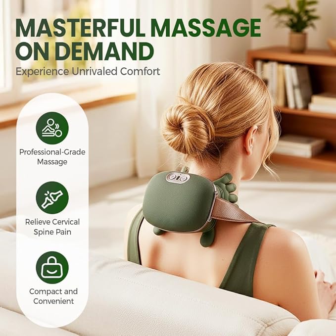 Neck Massager Shoulder Massager with Heat Shiatsu 4D KneadingElectric Neck and Back Massager for Relief(Green 1 Set)