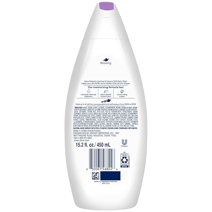 Dove Body Wash Relaxing 4-Pack – Jasmine &amp Coconut Milk for Softer Smoother Skin 15.2 Oz Ea