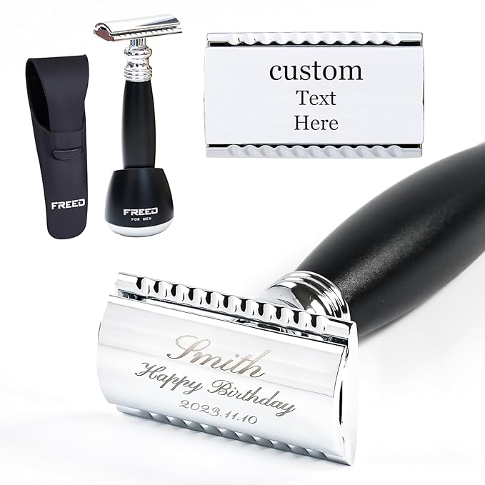 FREED Customized gifts Engraving Shaving Kit - Safety Razor with metal handle include razor base razor travel case and 10 bladesit's the best gift for men (Black)