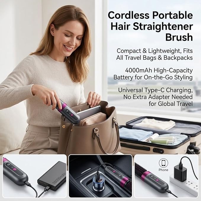 Cordless Hair Straightener Brush Portable Mini Ionic Straightening Comb with LCD Display &amp 3 Temp Settings USB Rechargeable Travel Hair Straightener for Women Anti-Scald &amp Fast Heating (2 D