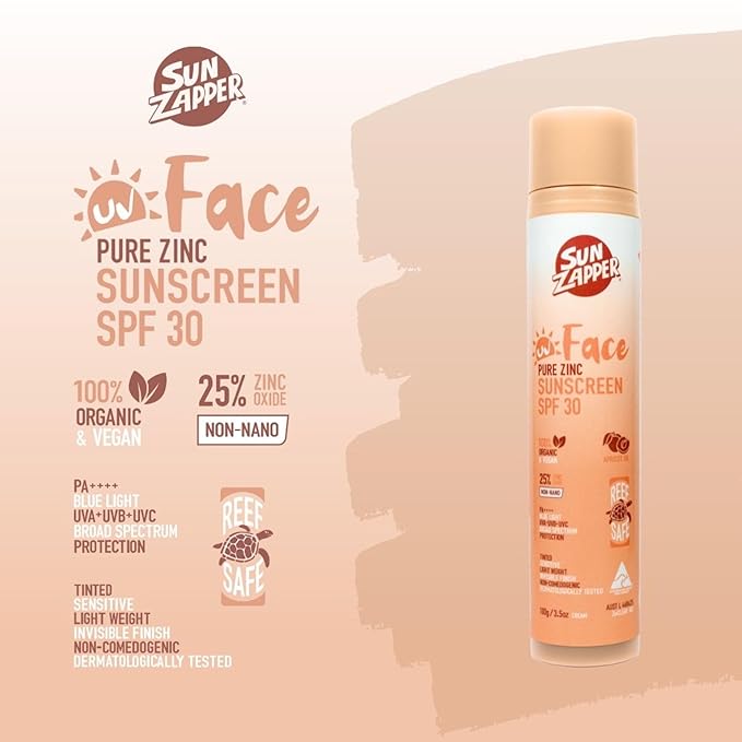 Sun Zapper Face Pure Zinc Sunscreen SPF 30 Tinted – Organic Mineral Sunscreen 25% Non-Nano Zinc Oxide Lightweight Invisible Finish Reef Safe Vegan 100g (3.5 oz) Pump Australian Made