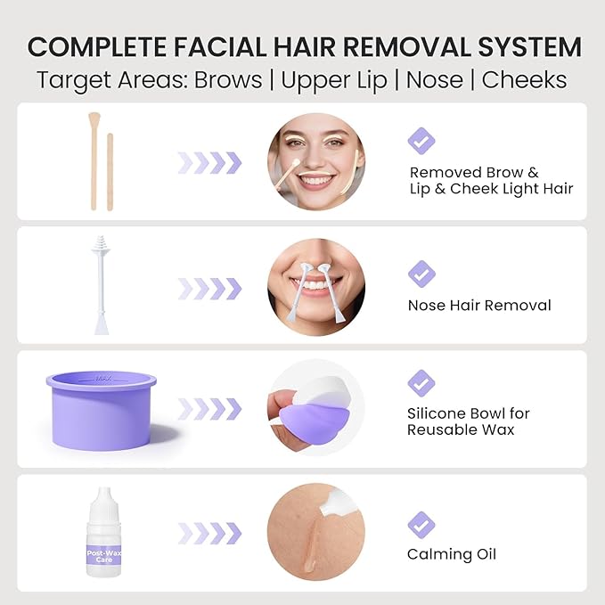 Mini Face Wax Kit for Women Facial Waxing Kit with 26 Wax Sticks 100g Waxing Beads Long-lasting Facial Hair Removal USB Fast Charging Smart Constant Temp Travel or Home Use