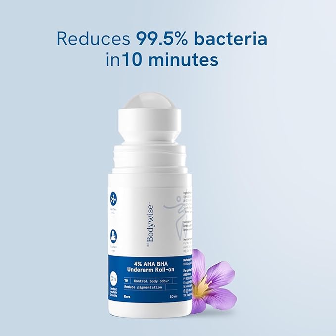 Bwise 4% Aha Bha Underarm Roll On 50ml | 2% Lactic Acid 1% Mandelic Acid 1% Salicylic Acid | Controls Odour &amp Reduces Pigmentation | 0% Alcohol &amp 0% Aluminium | Flora Fragrance