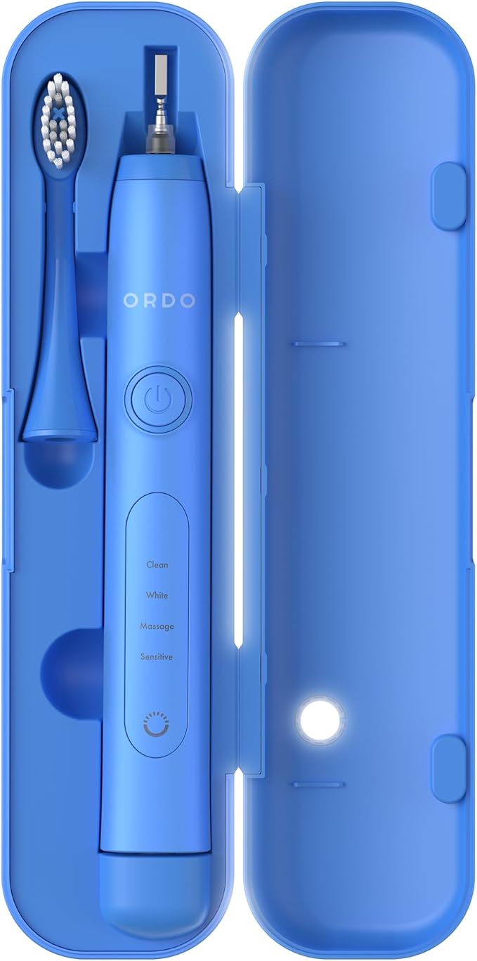 ORDO Sonic+ Electric Toothbrush with Case Sonic Toothbrushes for Adults Charging Travel Case 4 Brushing Modes Fast Rechargeable Battery Silicone Polishing USB Charger Arctic Blue