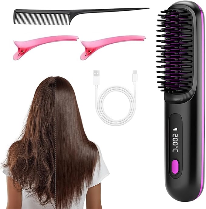 Go Brush 2026 Upgrade Portable Hair Straightener Brush for Travel Mini Cordless Hair Straightener Comb with Temperature Display for Women (Black)