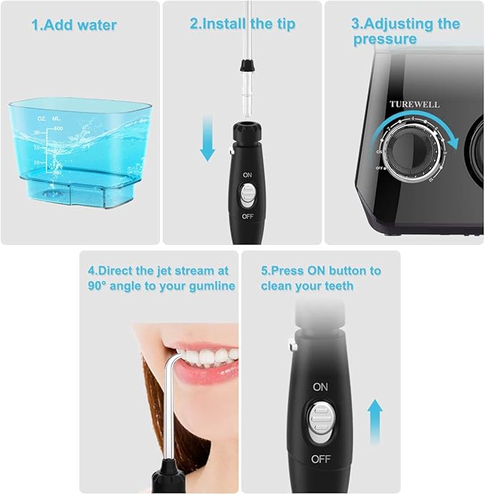 TUREWELL Water Flossing Oral Irrigator 600ML Dental Teeth Cleaner 10 Adjustable Pressure Electric Oral Flosser for Braces 8 Replacement Jet Tips for Family (Black)