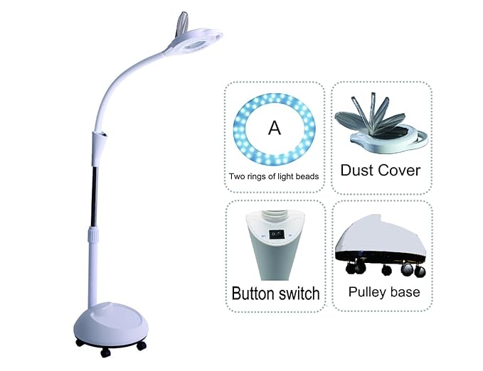 Elitzia Led Cold Light Magnifying Lamp 5 Times Magnification Movable Pulley Base Beauty Lamp for Facial Care Tattoo Or Reading ETH3008(White 3 Rings Lamp Beads)