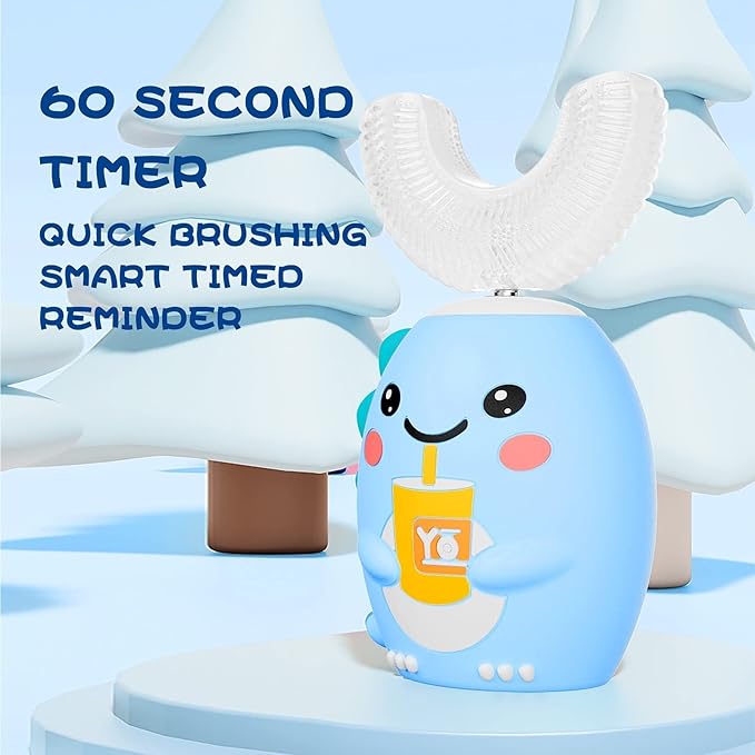 Kids U Shaped Electric Toothbrush with 4 Brush Heads Sonic Toothbrush Kids with 5 Modes Cartoon Dinosaur 360-Degree Cleaning IPX7 Waterproof Design (2-6 Age (Blue))