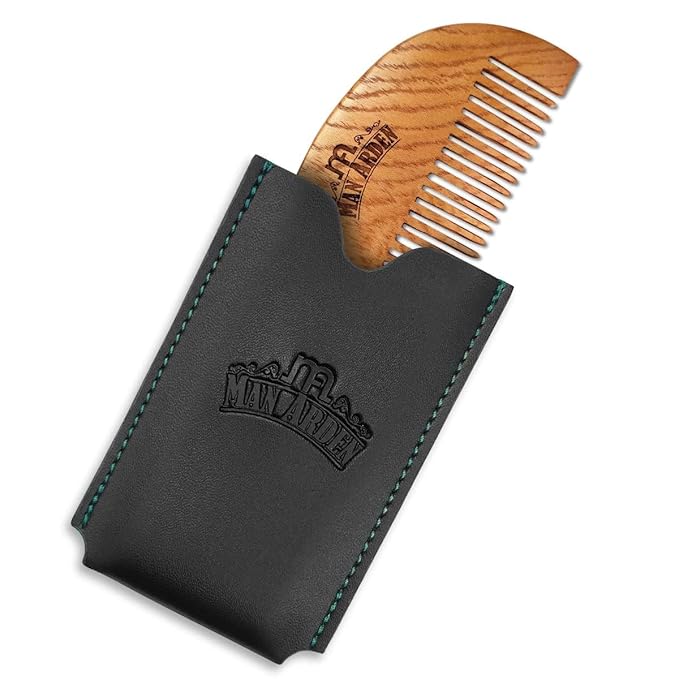 Man.Arden Neem Wooden Pocket Size Beard Comb with Premium Faux Leather Pouch