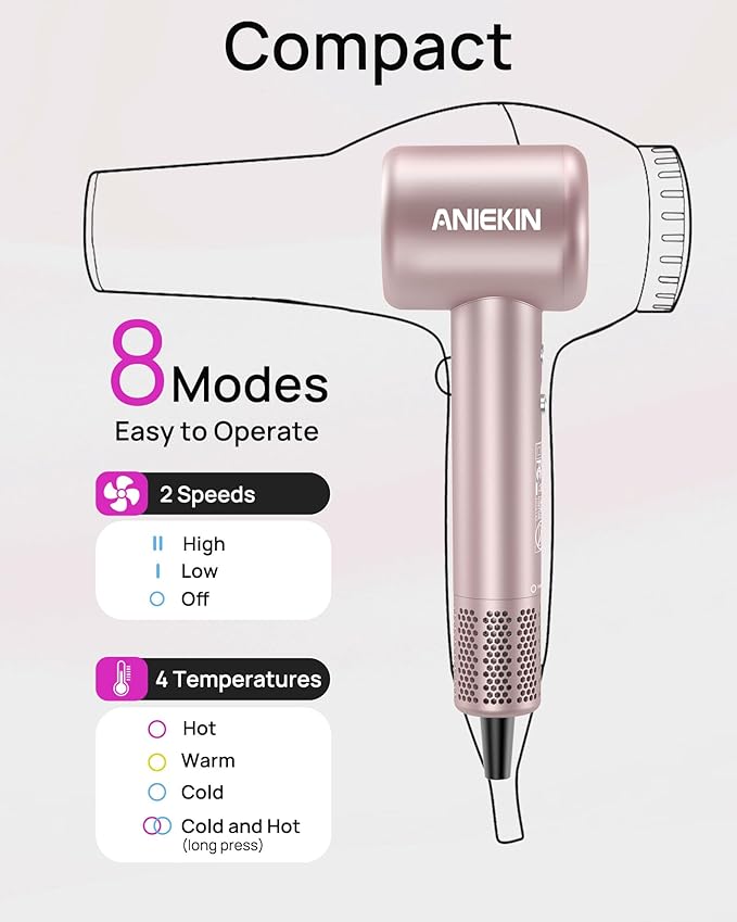 Hair Dryer High-Speed Ionic Low Noise Blow Dryer with Brushless Motor for Fast Drying Thermo-Control Quiet Compact Hair Blow Dryer with Magnetic Diffuser for Curly Hair for Home Travel Salon