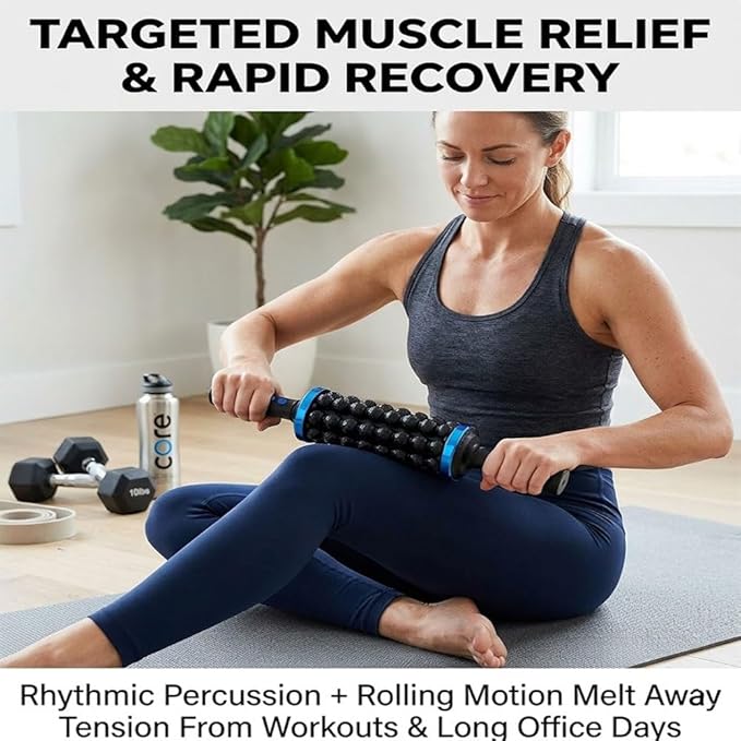 Electric Rolling Percussion Massager with Hands-Free Base Deep Tissue Fascia and Rechargeable Muscle Roller Stick for Exercise Recovery and Full Body Muscle Relaxation (Rose Gold)