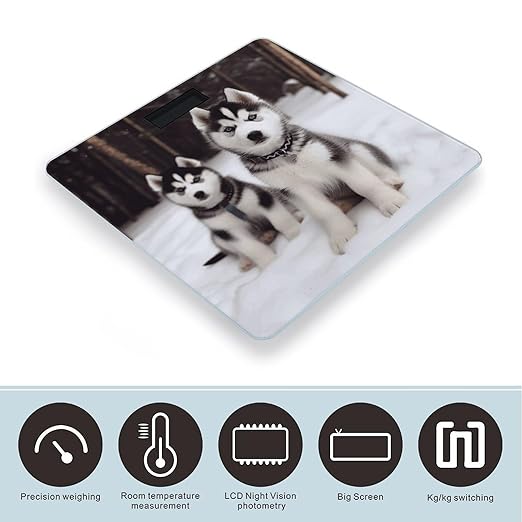 Adorable Huskies Scale for Body Weight Safe Rounded Corners Tempered Glass Digital Bathroom Scale LED Display 400lb Capacity Weight Scales with High Precision Sensors