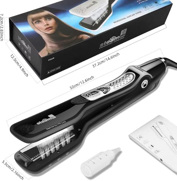 SteamPlus Professional Steam Hair Straightener with LCD Display White and Black 6 Steam Vents Detachable Guide Comb Temperature Control Ceramic Plates (Black)