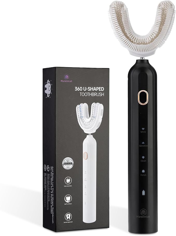 Ultrasonic U-Shaped Toothbrush for Adults Electric Toothbrush for Teeth Whitening Automatic 360-degree with Waterproof IPX7 4 Modes for Cleaning(Black)