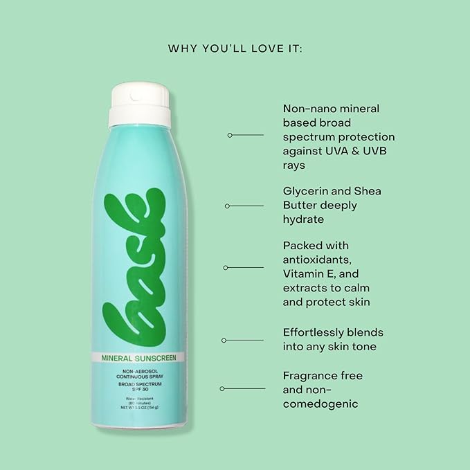 Bask Suncare SPF 30 Mineral Sunscreen Spray - Fragrance Free Non-Aerosol Reef Safe Broad Spectrum Protection Dermatologist Recommended Lightweight &amp Fast-Absorbing 5.5 oz (Value Pack of 3)