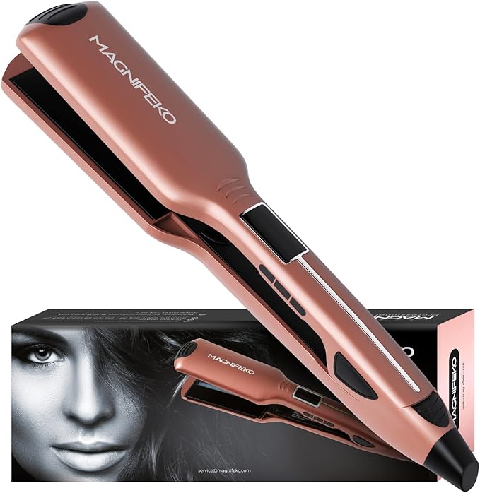 Professional Flat Iron Hair Straightener Wide Plate &amp Digital Display - Dual Voltage Titanium Hair Straighteners (Rosegold)