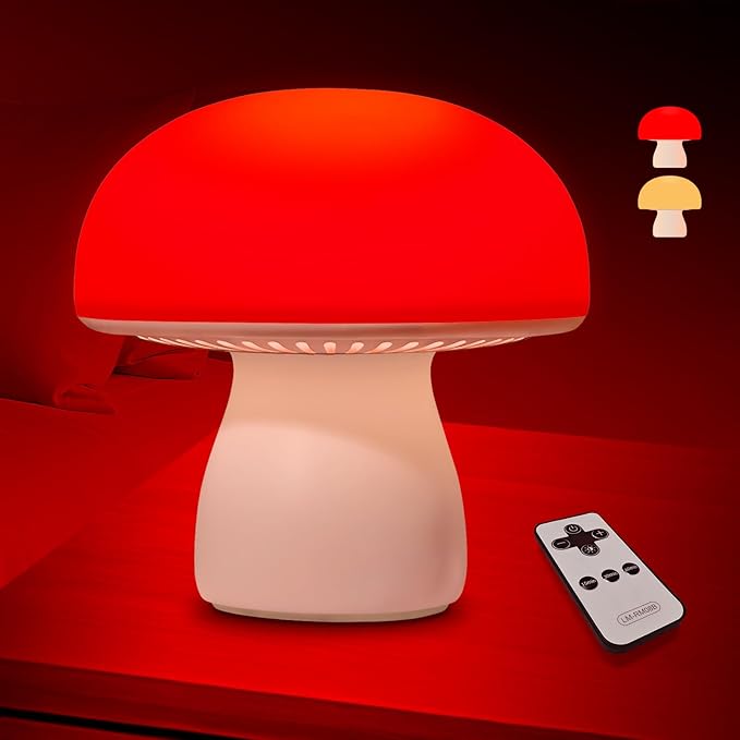 PowerTalk 670nm Red Light Lamp for Bedroom Sleep Dimmable Mushroom Red Night Light with Timer Remote &amp Touch Control for Baby Kids Adults - Portable and Rechargeable[2026 Upgrated Red Light Ther
