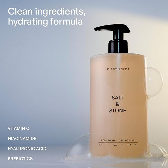 Salt &amp Stone Body Wash with Antioxidants for Deep Moisture | For Women &amp Men Sulfate Paraben &amp Dye Free Leaving Skin Soft and Hydrated | Saffron &amp Cedar 15.2 fl oz