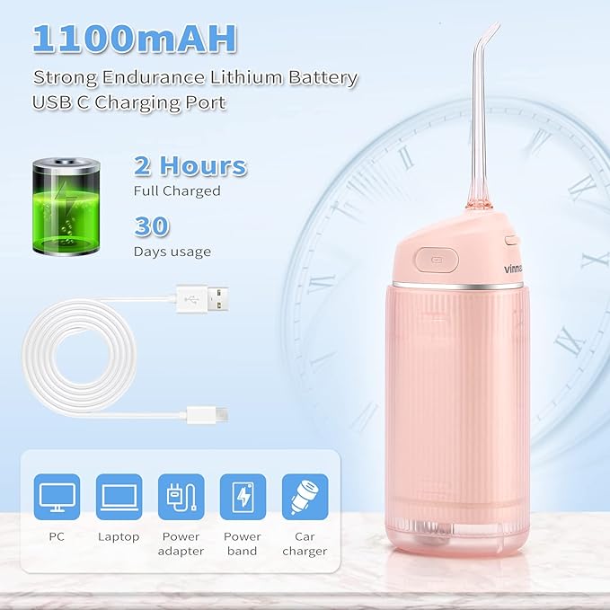 Water FlosserVinmax Portable Cordless Water Flossers for Teeth 3 Modes &amp IPX7 WaterproofMini Rechargeable Home &amp Travel Water Flossers4 Jet TipsBraces Bridges Care.Blue (Pink)