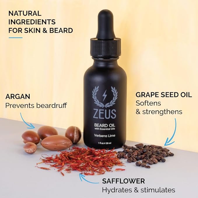 ZEUS Natural Beard Oil for Men Premium Grooming Oil to Soften Hydrate Condition &amp Control Frizz in Beard and Mustache (Made in USA) Sandalwood