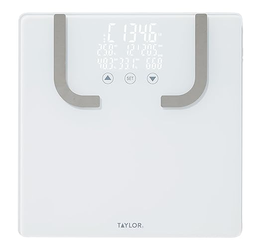 Taylor Smart Bathroom Scale with BIA Body Fat Analysis Bluetooth App Sync Digital Weight Monitor BMI &amp BMR Tracking 8 User Profiles 440 lb Capacity LED Display Glass Platform White