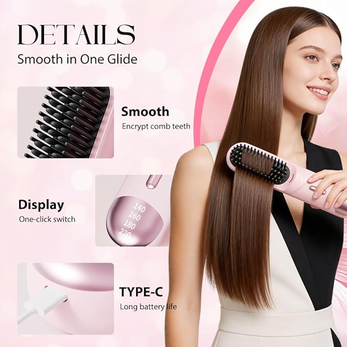 Go Brush - Pro for Short Hair 2026 New Cordless Straightening Brush with 4 Temperature Settings Portable Straightener Brushs for Travel Rechargeable Hair Straightener for Daily Use (Black)
