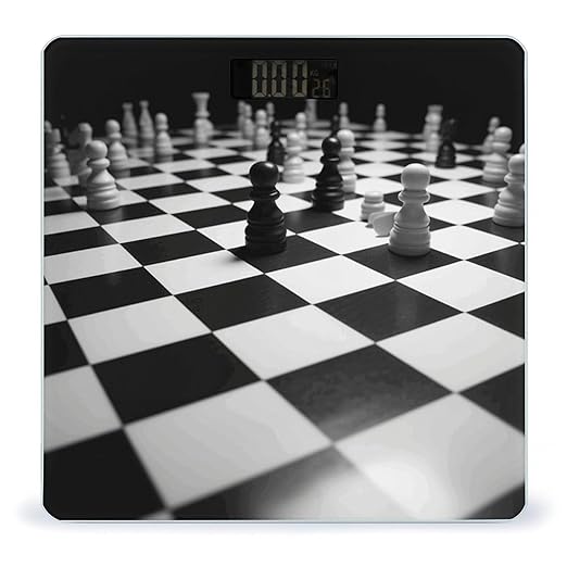 Black White Chess Checkerboard Scale for Body Weight Safe Rounded Corners Tempered Glass Digital Bathroom Scale LED Display 400lb Capacity Weight Scales with High Precision Sensors