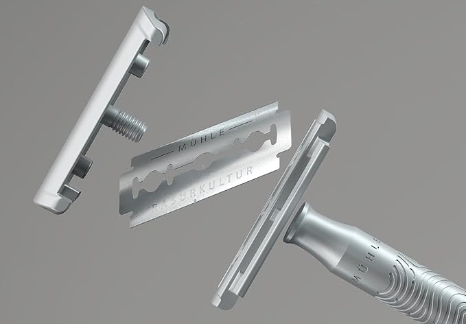 MÜHLE R 89 Shaving Set 5 Pieces - Safety Razor with Closed Comb Chrome-Plated Metal Blade Cream Cloth - Silver