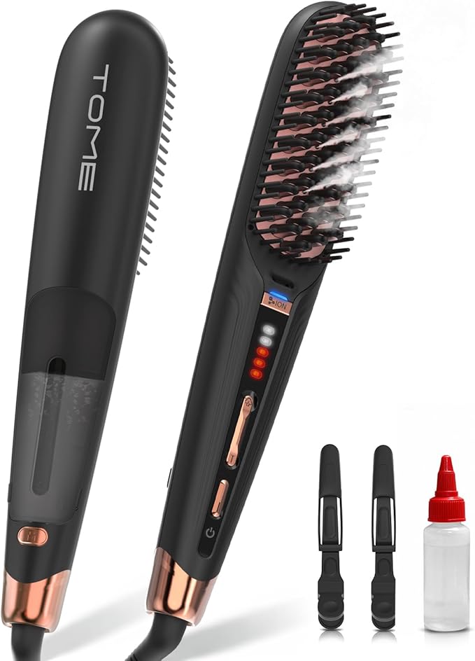 Tome Steam Straighteners for Hair Negative Ion Hair Straightener Brush with 2 Steam Levels 428°F High Heat Electric Hot Comb for Thick &amp Curly Hair Anti-Scald Steam Brush for Women Black