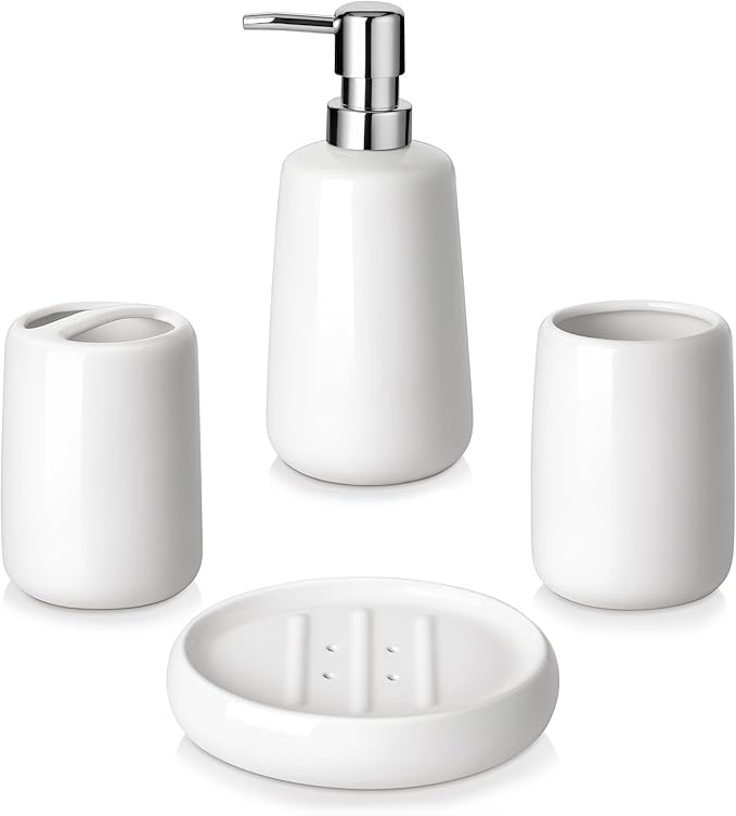 vancasso White Bathroom Accessories Set Ceramic Soap Dispenser and Toothbrush Holder Sets Stoneware 4 Pcs Bathroom Sink Set for Modern Home Decor