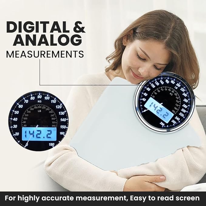 EILISON Highly Advance 2-in-1 Digital &amp Analog Weighing Scale for Body Weight-400lbs 4 High Precison GX Sensor Accurate Thick Tempered Glass Extra Large Display (White)
