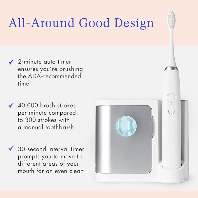 Vanity Planet Elements Ultrasonic Electric Toothbrush - Silver - Advanced Oral Care with UV Sanitizing Charger Base with 3 Replacement Heads - 99.9% Effective Keeping Your Teeth Clean