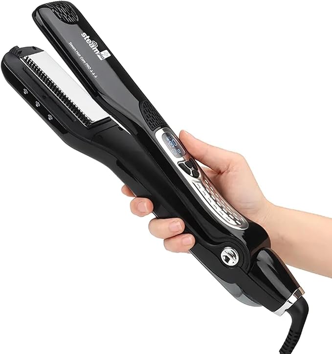 Steam Hair Straightener Professional Ceramic Tourmaline Steam Flat Iron with Digital LCD+5 Level Adjustable Temperature+Auto Temperature Lock+Removable Comb Dual Voltage Auto Off (Black)