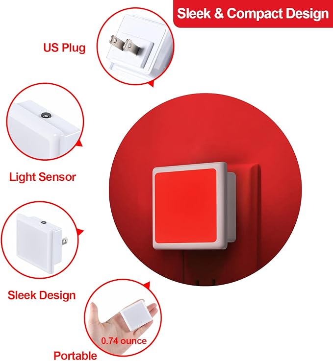 670nm Red Light Night Light for Sleep[6 Pack]- Zero Blue Light Dimmable &amp Energy Efficient 0.3W Night Light Plug into Wall with Dusk-to-Dawn Sensor for Nursery Bedroom Bathroom