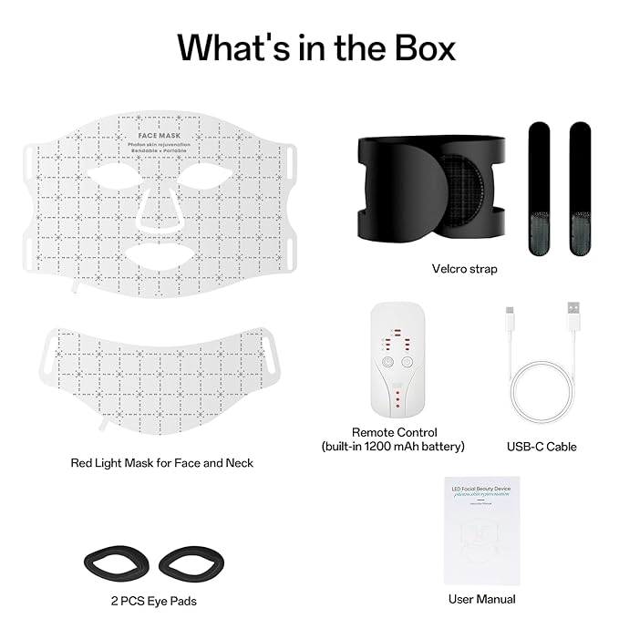 Red Light Mask for Face and Neck 7 Colors Red Light Face Mask with Rechargeable Remote Controller Flexible Portable Lightweight and Ergonomic for Home &amp Travel (White)