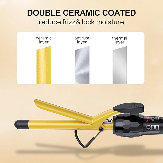 DAN Technology 5/8 Inch Curling Iron Wand Tourmaline Ceramic Hair Curler with LCD Display (180°F–430°F) Fast Heating Dual Voltage Auto Shut-Off Black &amp Gold